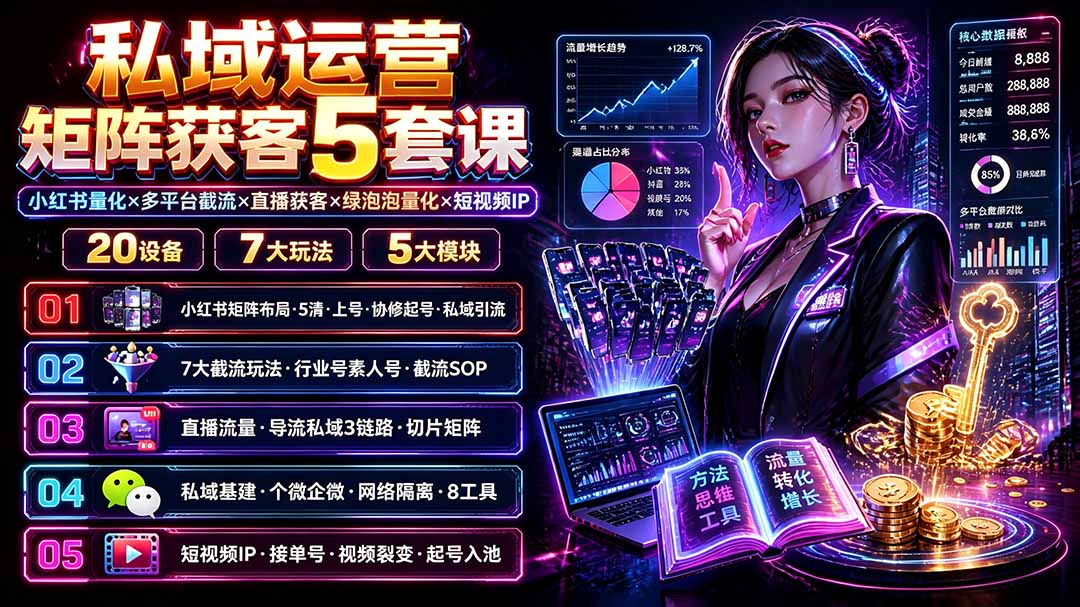 私域运营矩阵获客5套课：小红书量化×多平台截流×直播获客×绿泡泡量化×短视频IP×20设备×7大玩法-源创文化-无心创作