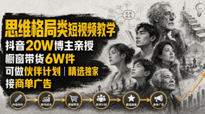 人性思维格局类短视频教学,抖音20W博主亲授,橱窗带货6W件,可做伙伴计划、精选独家、接商单广告-源创文化-无心创作