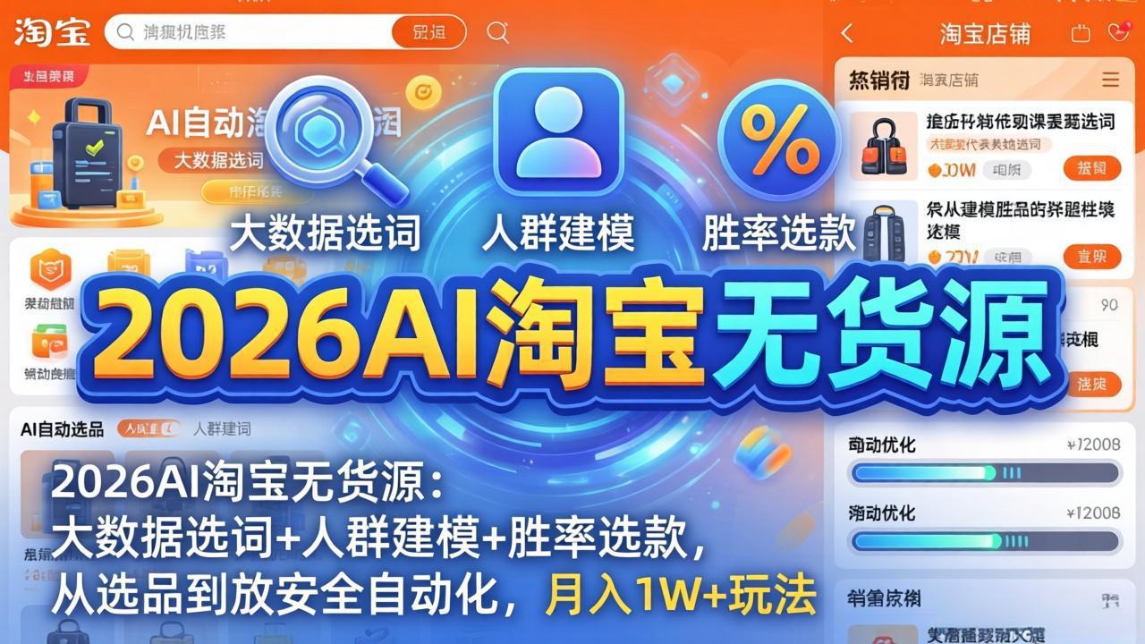 2026AI淘宝无货源-4月更新：大数据选词+人群建模+胜率选款，从选品到放大全自动化，月入1W+玩法-源创文化-无心创作