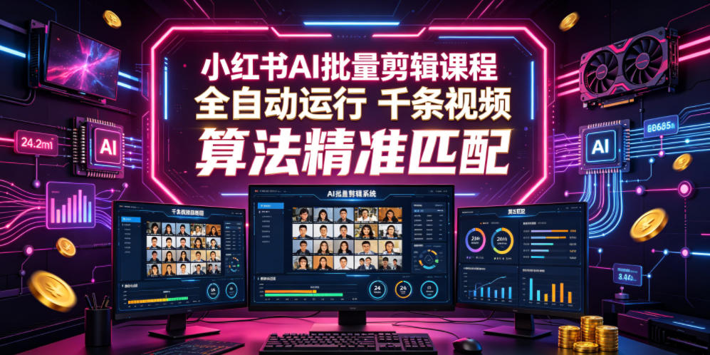 小红书AI批量剪辑课程，24小时全自动运行，解放双手专注运营，千条视频批量处理，小红书算法精准匹配-源创文化-无心创作