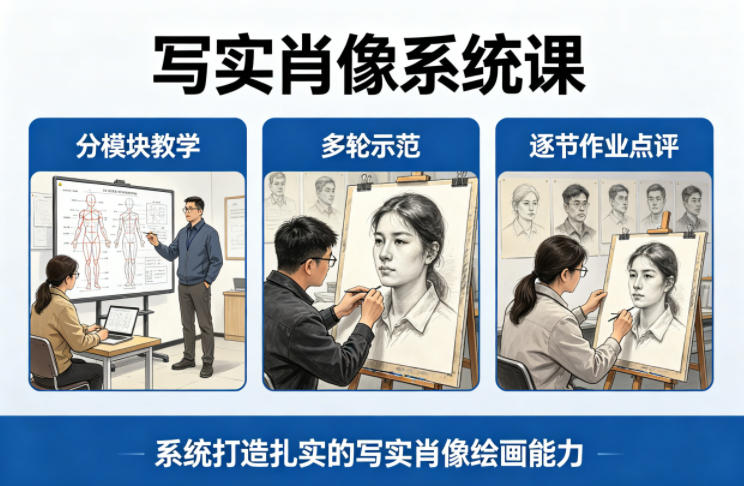 写实肖像系统课，全程分模块教学+多轮示范+逐节作业点评，系统打造扎实的写实肖像绘画能力-源创文化-无心创作