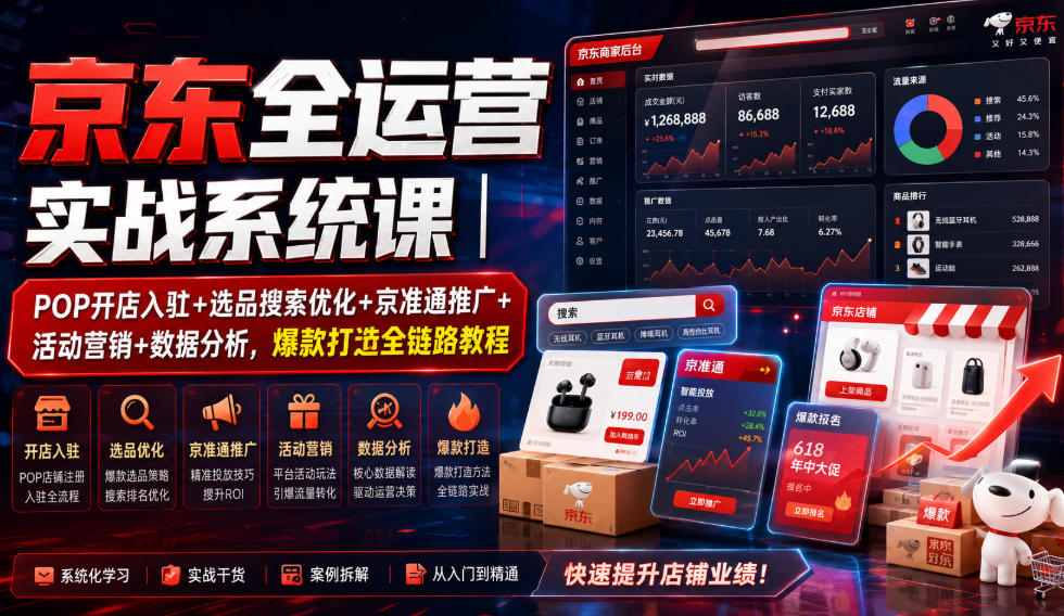 京东全运营实战系统课｜POP开店入驻+选品搜索优化+京准通推广+活动营销+数据分析，爆款打造全链路教程-源创文化-无心创作