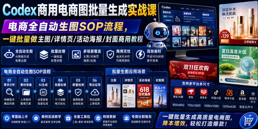 Codex商用电商图批量生成实战课｜电商全自动生图SOP流程，一键批量做主图/详情页/活动海报/封面商用教程-源创文化-无心创作