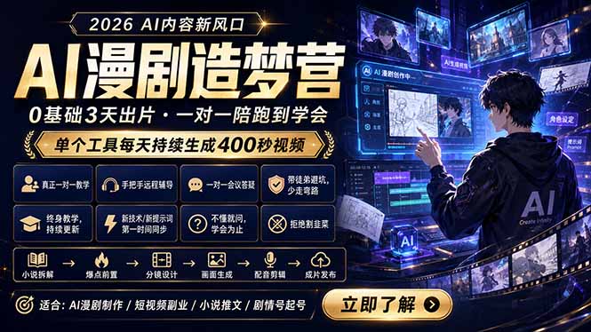 AI漫剧造梦营：0基础3天出片，单个工具每天持续生成400秒视频-源创文化-无心创作