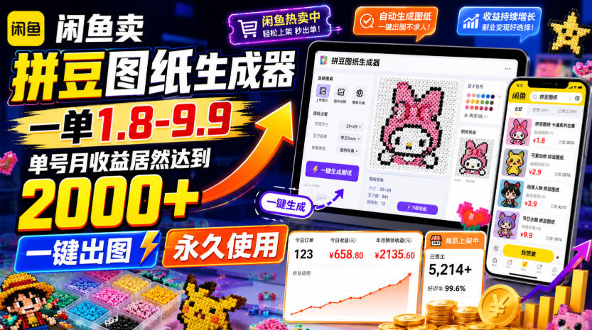 闲鱼卖拼豆图纸生成器，一单1.8-9.9，单号月收益居然达到2000+一键出图永久使用-源创文化-无心创作