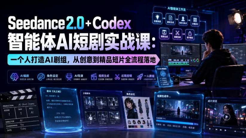 Seedance2.0+Codex智能体AI短剧实战课:一个人打造AI剧组,从创意到精品短片全流程-源创文化-无心创作