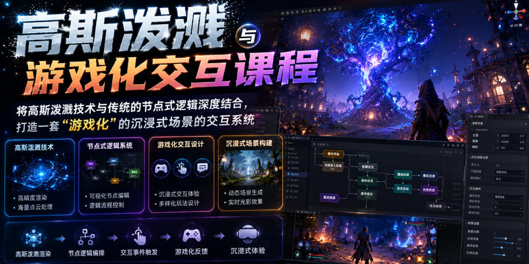 高斯泼溅与游戏化交互课程，将高斯泼溅技术与传统的节点式逻辑深度结合，打造一套&ldquo;游戏化&rdquo;的沉浸式场景的交互系统