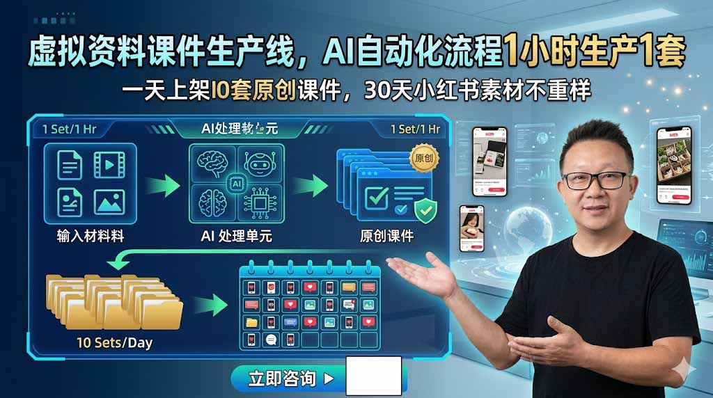 虚拟资料课件生产线，AI自动化流程1小时生产1套，一天上架10套原创课件，30天小红书素材不重样-源创文化-无心创作