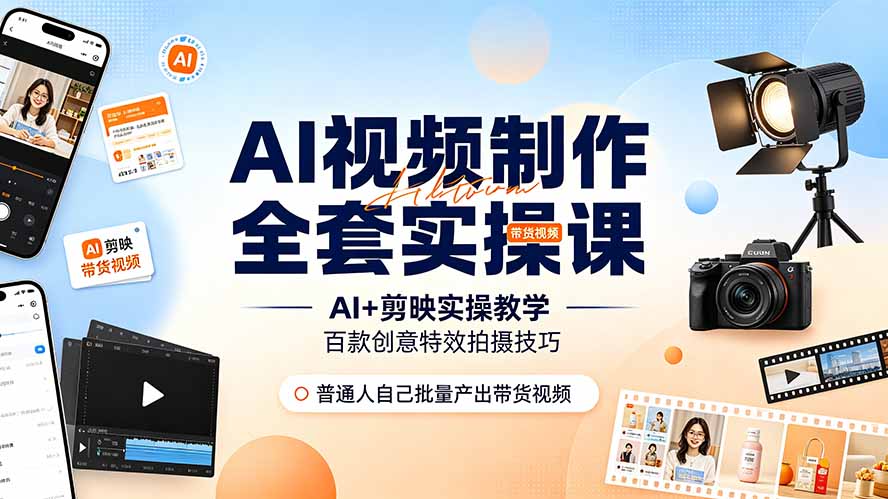 AI视频制作全套实操课，多款AI工具搭配剪映教学，百种特效运镜拍摄实操，抖音账号带货运营全覆盖-源创文化-无心创作