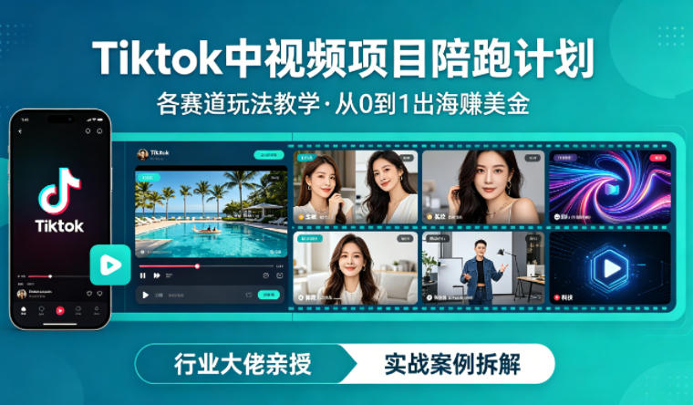 某大佬的Tiktok中视频项目陪跑，涵盖TK各个赛道玩法教学，从0到1出海賺美金-源创文化-无心创作