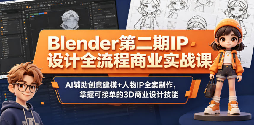 Blender第二期IP设计全流程商业实战课，AI辅助创意建模+人物IP全案制作，掌握可接单的3D商业设计技能-源创文化-无心创作