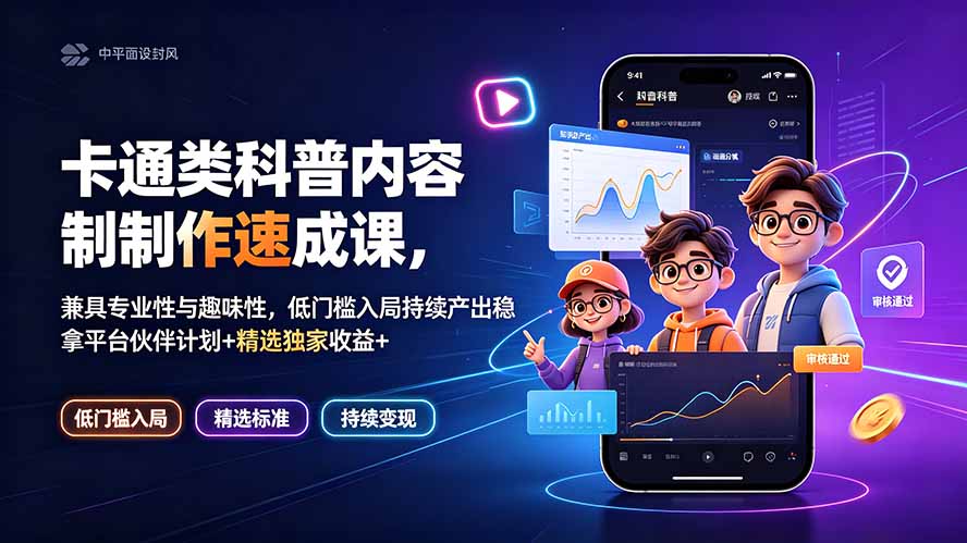 卡通类科普内容制作速成课，兼具专业性与趣味性，低门槛入局持续产出稳拿平台伙伴计划+精选独家收益-源创文化-无心创作