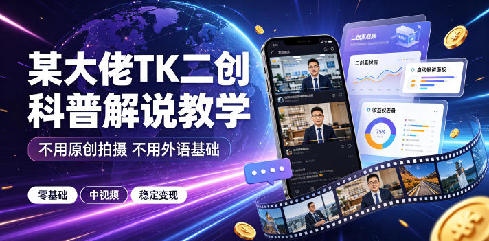 某大佬TK二创科普解说教学，不用原创拍摄不用外语基础，零基础做TikTok中视频稳定变现-源创文化-无心创作