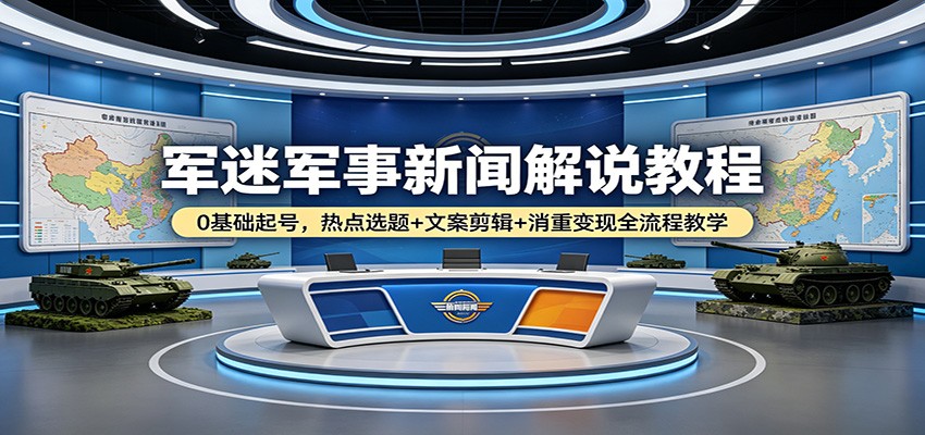 军迷军事新闻解说教程：0基础起号，热点选题+文案剪辑+消重变现全流程教学-源创文化-无心创作