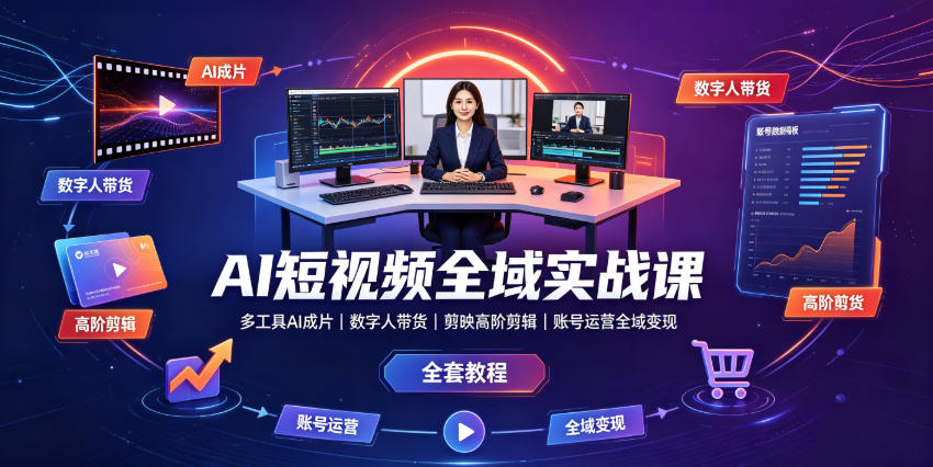 AI短视频全域实战课｜多工具AI成片、数字人带货、剪映高阶剪辑、账号运营全域变现全套教程-源创文化-无心创作