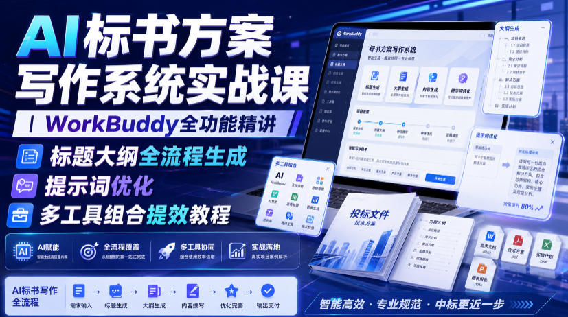 AI标书方案写作系统实战课|WorkBuddy全功能精讲・标题大纲全流程生成・提示词优化・多工具组合提效教程-源创文化-无心创作