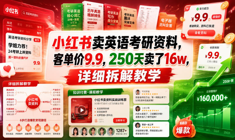 小红书卖英语考研资料，客单价9.9，250天卖了16w，详细拆解教学-源创文化-无心创作