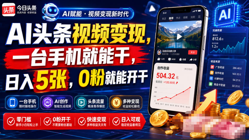 AI头条视频变现，一台手机就能干，日入5张，0粉就能开干-源创文化-无心创作