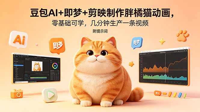 豆包AI+即梦+剪映制作胖橘猫动画，零基础可学，几分钟生产一条视频，附提示词-源创文化-无心创作