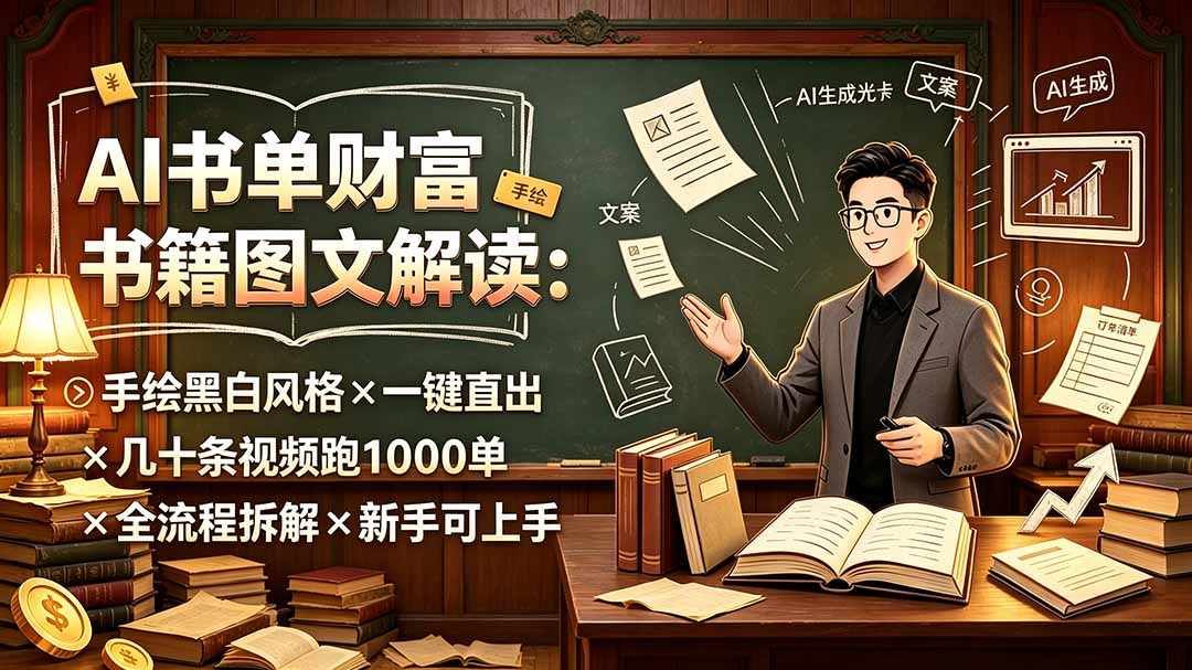 AI书单财富书籍图文解读：手绘黑白风格×一键直出×几十条视频跑1000单×全流程拆解×新手可上手-源创文化-无心创作