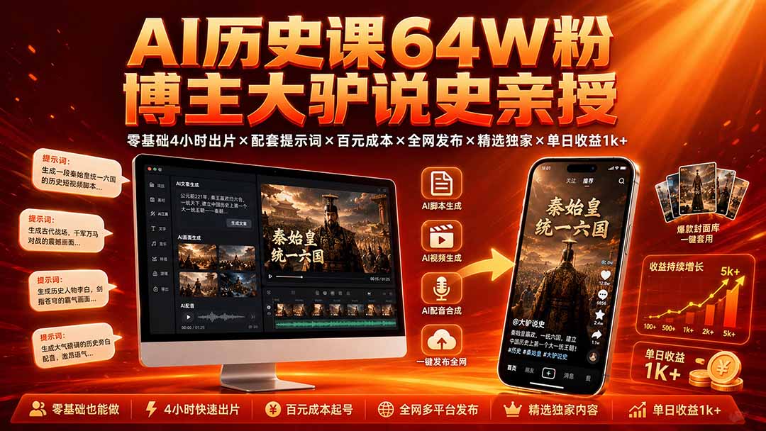 AI历史课64W粉博主大驴说史亲授：零基础4小时出片×配套提示词×百元成本×全网发布×精选独家×单日收益1k+-源创文化-无心创作