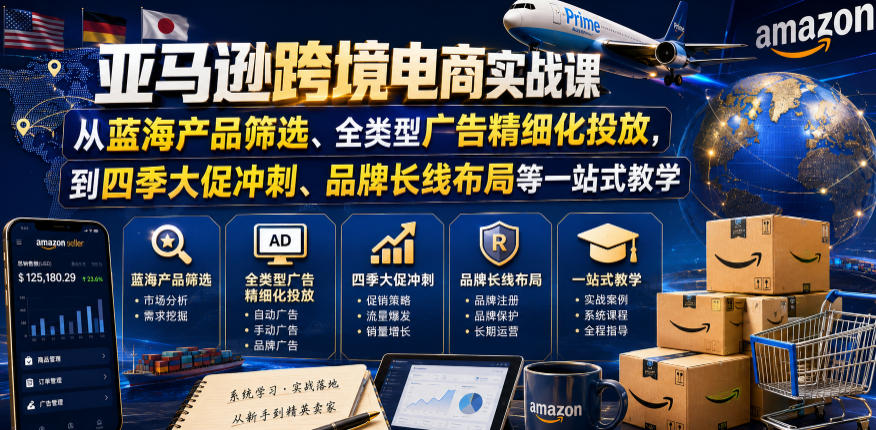 亚马逊跨境电商实战课，从蓝海产品筛选、全类型广告精细化投放，到四季大促冲刺、品牌长线布局等一站式教学(更新7月)-源创文化-无心创作
