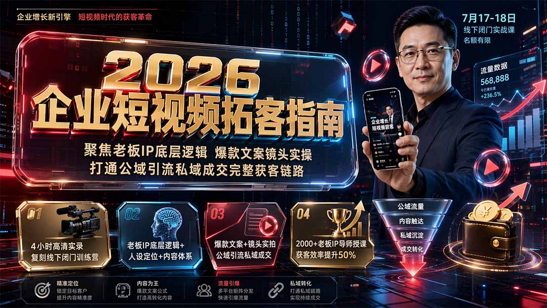 2026企业短视频拓客指南:聚焦老板IP底层逻辑,爆款文案镜头实操,打通公域引流私域成交完整获客链路-源创文化-无心创作