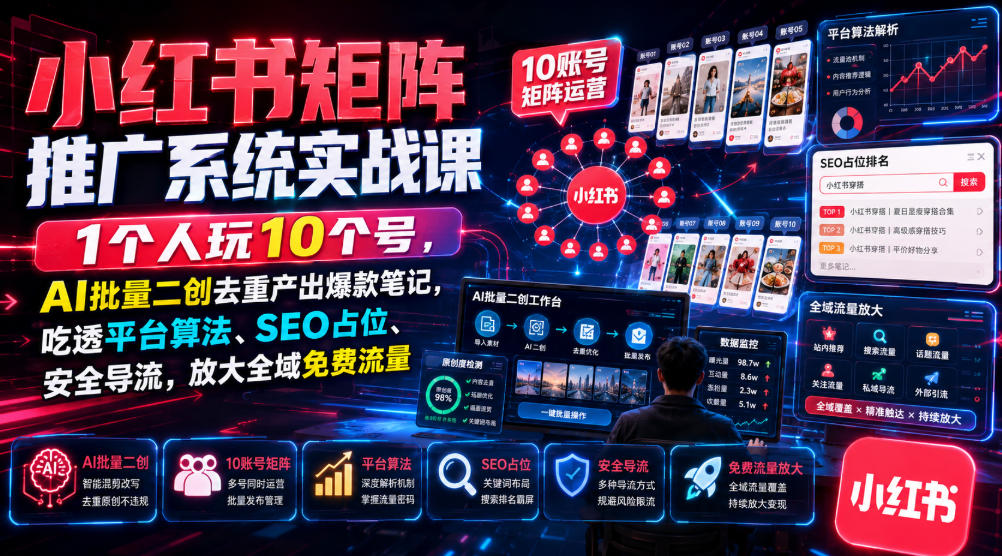 小红书矩阵推广系统实战课｜1个人玩10个号，AI批量二创去重产出爆款笔记，吃透平台算法、SEO占位、安全导流，放大全域免费流量-源创文化-无心创作