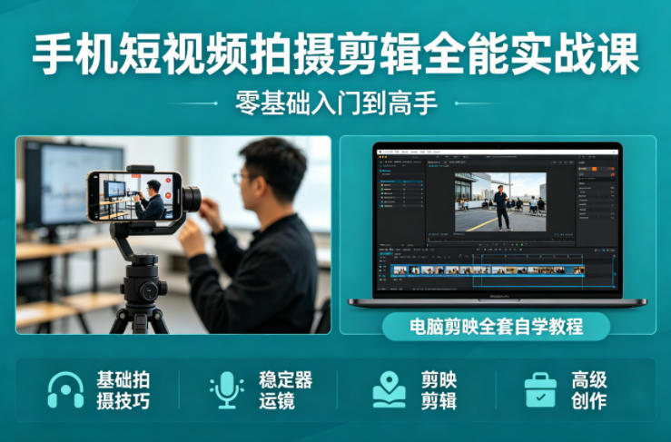 手机短视频拍摄剪辑全能实战课：零基础入门到高手，稳定器运镜+电脑剪映全套自学教程-源创文化-无心创作