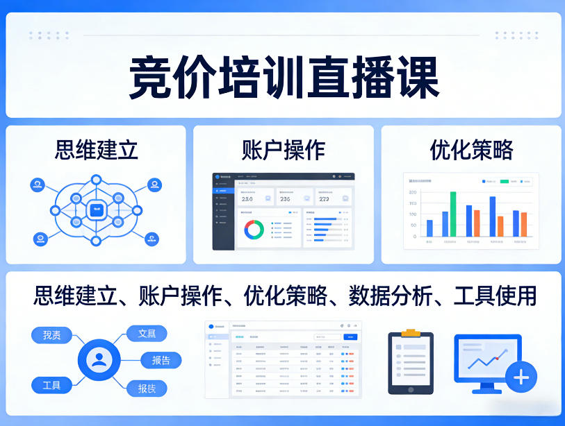 竞价培训直播课，覆盖思维建立、账户操作、优化策略、数据分析、工具使用等，全方位提升效果-源创文化-无心创作