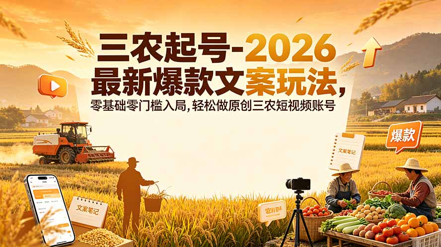 三农起号-2026 最新爆款文案玩法,零基础零门槛入局,轻松做原创三农短视频账号-源创文化-无心创作
