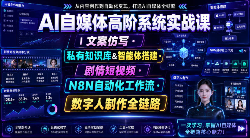 AI自媒体高阶系统实战课｜文案仿写・私有知识库&智能体搭建・剧情短视频・N8N自动化工作流・数字人制作全链路-源创文化-无心创作