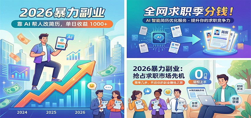2026暴力副业：靠AI帮人改简历，单日收益1000+，全网求职季分钱-源创文化-无心创作