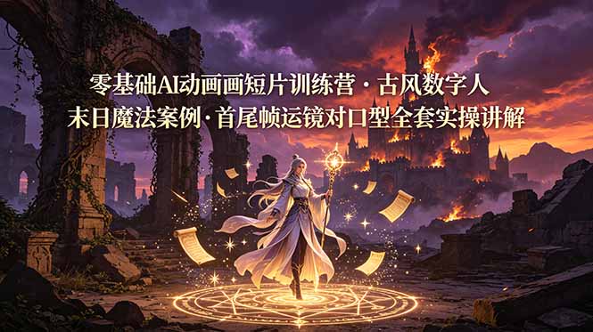 零基础AI动画短片训练营，古风数字人末日魔法案例，首尾帧运镜对口型全套实操讲解-源创文化-无心创作