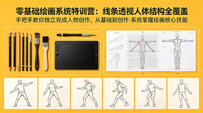 零基础绘画系统特训营：线条透视人体结构全覆盖，手把手教你独立完成人物创作-源创文化-无心创作