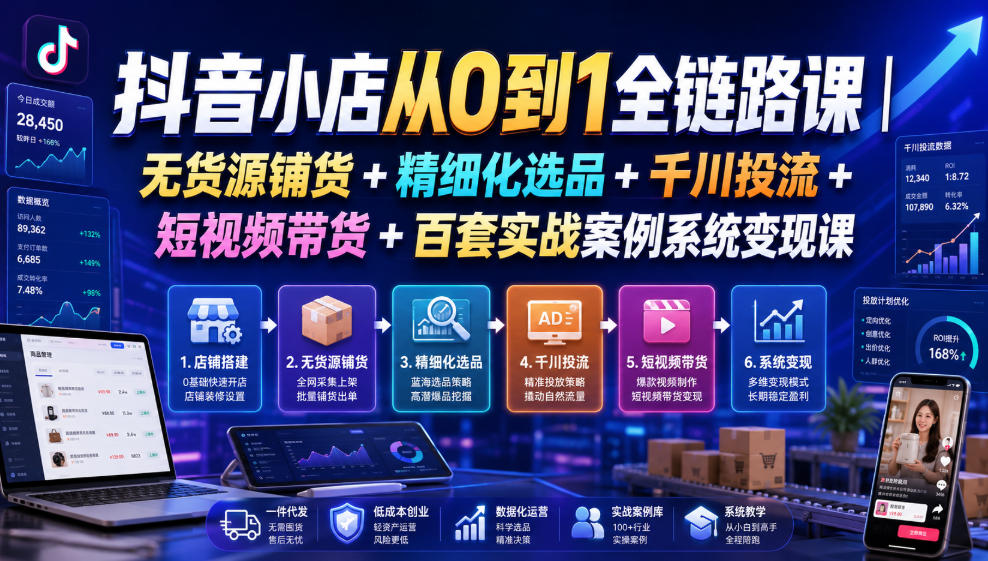 抖音小店从0到1全链路课|无货源铺货+精细化选品+千川投流+短视频带货+百套实战案例系统变现课(2026年7月更新)-源创文化-无心创作
