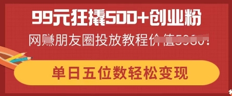 99元狂撬500+创业粉，单日五位数轻松变现，网创朋友圈投放教程-源创文化-无心创作